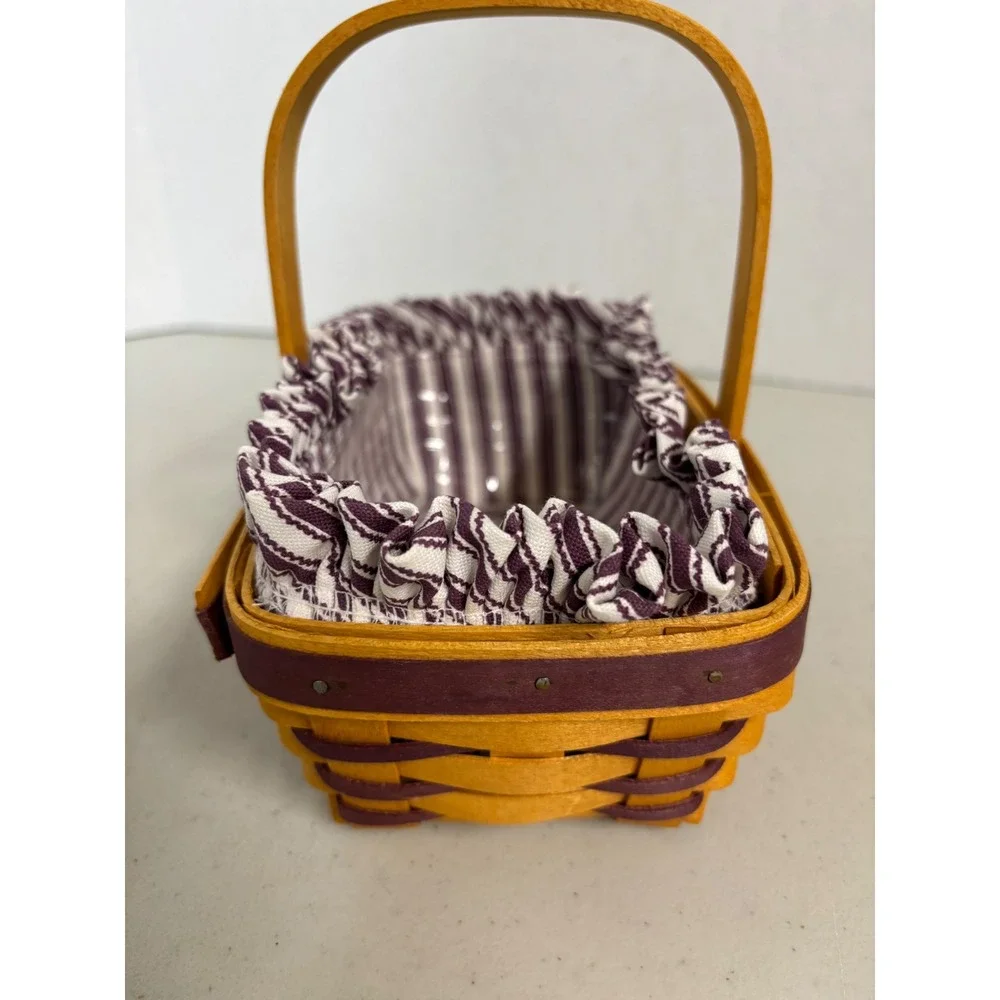 Longaberger Handwoven Basket‎ 1998 Burgundy Purple Ticking Liner Heart Charm USA